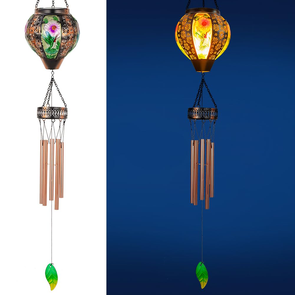 Photo 1 of Starsoul Solar Wind Chimes for Outside, Hummingbird Hot Air Balloon with Flickering Flame Solar Wind Chime, Glass Windchimes Outdoors Garden Decor, Gift for Mother's Day Mom Grandma