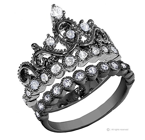 Guliette VeronaSterling Silver Princess Crown Ring and Band Set (Black Rhodium Plated)