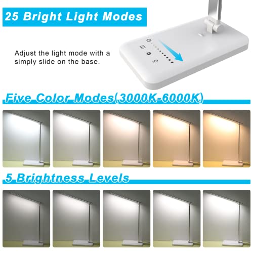 Aourow Desk Lamp LED Dimmable: Table Lamp with 5 Light Color and 5 Brightness Levels,Eye-Protection Table Light with USB Charging Port for Smartphone,Bedside Lamp with Touchscreen for Office,White