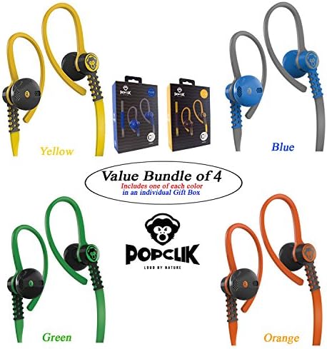Multi Pack 4 Popclik Flex Earphones for Apple with Microphone &amp; Control Compatible with Apple Products, iPhone, iPod and iPad, Earphones, Value Bundle in Yellow, Blue, Green and Orange