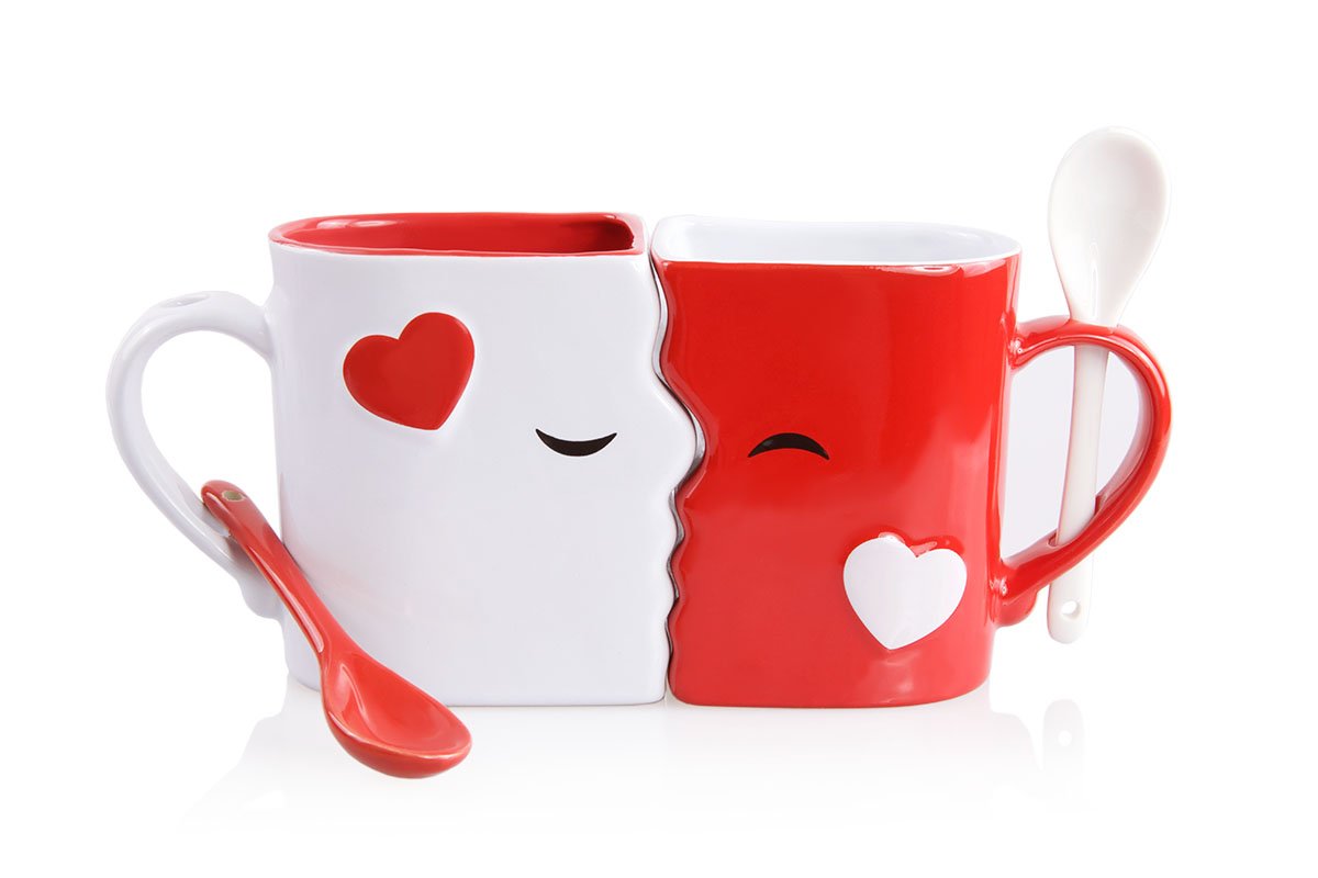 Blu Devil Kissing Mugs Set, Anniversary & Wedding Gifts, Exquisitely Crafted Large Red & White Cups & Spoons for Couples, Him and Her for Valentine's Day, Birthday, Christmas, Mr & Mrs Home Decor