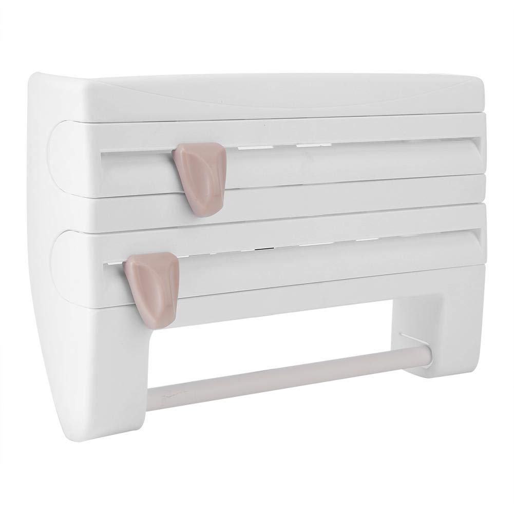 Estink Cling Film Storage Shelf, Wall-Mounted Kitchen Film Cutter Organizer with Dispenser, White Storage Rack for Cling Wrap, Stretch Film Holder, Easy Mount Adhesive