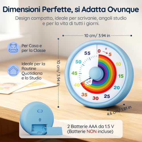SIMQELLI Visual Timer for Kids, 60 Minutes Countdown Silent Timer with Rainbow, Time Management for Kitchen, Classroom, Study and School (Blue) | Timer Visivo Ideale per Bambini, Perfetto per Scuola, Studio, Cucina e Attività Familiari, Silenzioso Timer con Arcobaleno