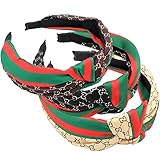 Domoki Designer Red Green Stripe Headbands - 3 Pack Fashion Bow Knot CC Letter Print Hair Hoops for Women - Retro Wide Cross Knot Hairbands with Silk Cloth Wrapped for Girls