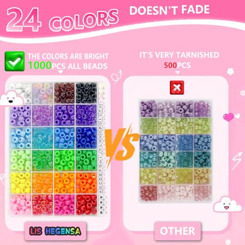LIS HEGENSA Pony Bulk Plastic Kandi Beads for Necklace Jewelry, Bracelets Making, Hair Braiding, Crafts Braids Kits for Girls, 24 Color,1000 Pieces