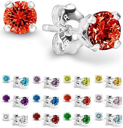 Birthstone Stud Earrings 4 mm - 925 Sterling Silver with Cubic Zirconia Crystals - CHOOSE YOUR COLOR