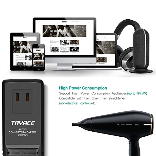 TryAce Mini 1875W Worldwide Travel Converter and Adapter Combo, Set Down 220V to 110V International Voltage Converter for Hair Dryer, All in One Plug Adapter Wall Charge for UK/AU/US/EU - Thumbnail 4