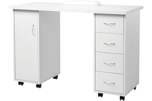 Maotifeys Manicure Table Rolling Nail Desk with Wheels, Modern Beauty Salon Workstation Nail Station Nail Art Table with 4 Drawers and Large Cabinet for Nail Tech (White)