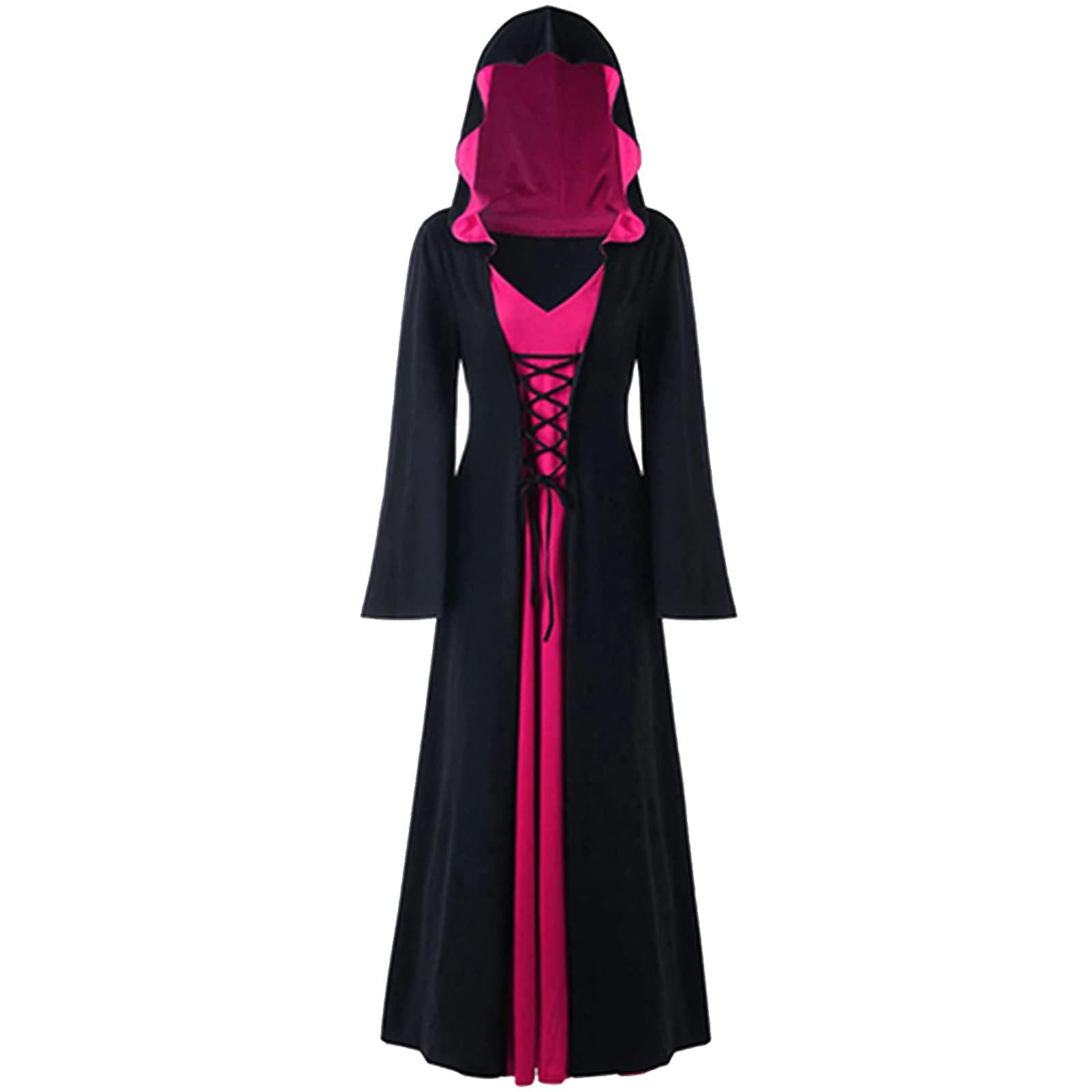 FSUJWOA Halloween Vintage Witch Dress, Witch Hooded Dress, Women's Renaissance Medieval Costume (M, Black and Pink)
