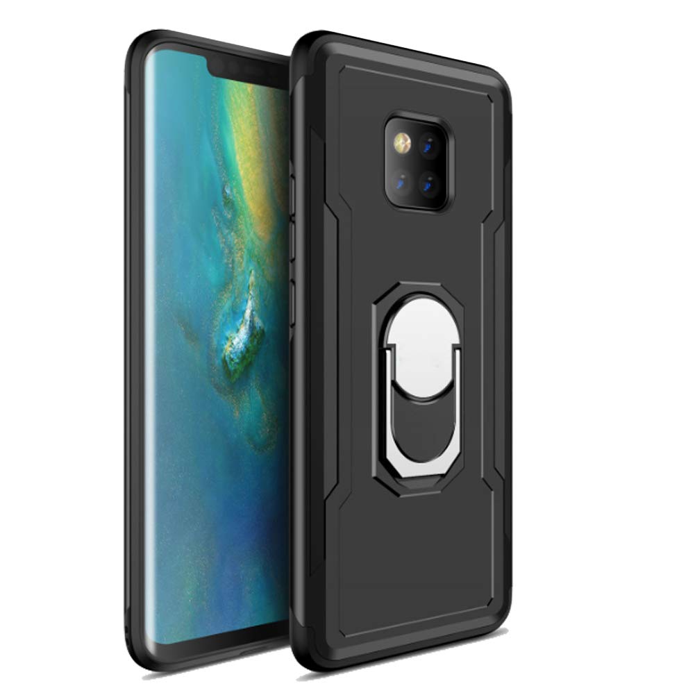 iKuboo Dual Layer Case for Huawei Mate 20 Pro, Slim Protective Cover with Ring Holder Kickstand, Work with Magnetic Car Mount-Black