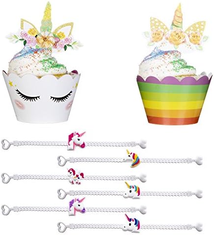 Unicorn Party Supplies Pack with Double-Sided Unicorn Cupcake Toppers and Wrappers plus Unicorn Party Favor Bracelets 24 each 72 total