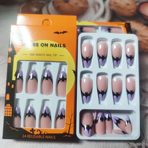 Halloween Bat Press on Nails for DIY Manicure Glossy Purple French Tips 24Pcs Acrylic Medium Almond False Nails Gel Glue on Nails Evil Bats Fake Nails Stick on Nails for Women Girls French Tips Design - Image 3