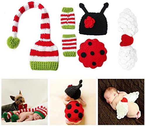 Newborn Photography Props for Baby Shower Girls and Boys Photo Posing Knitting Clothing Outfit Crochet Hat and Angel Wings Ladybug Set(0-3 Month)