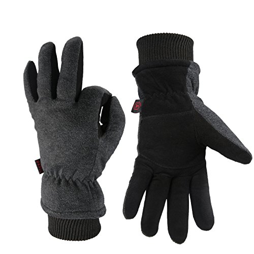 OZERO Winter Gloves Coldproof Snow Work Ski Glove - Deerskin Leather Palm & Polar Fleece Back with Insulated Cotton - Windproof Water-Resistant Warm Hands in Cold Weather for Women Men - Gray(L)