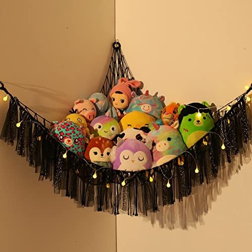VISATOR Stuffed Animal Storage Macrame Boho Plush Toy Net Hammock For Stuffed Animals With Light