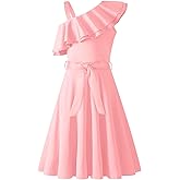 Arshiner Girls Dress One Shoulder Formal Ruffle Trim Birthday Party Dresses with Belted Pockets for 5-12 Years