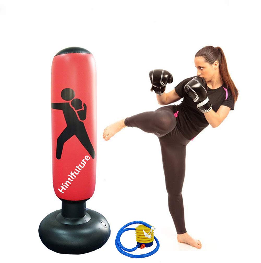 160cm Punch Bag, Inflatable Free-Standing Fitness Target Stand Tower Bag, Free Standing Tumbler Column Sandbag with a Free Foot Air Pump, Wine Red