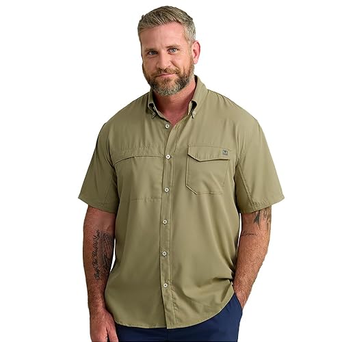 HUK Tide Point Solid Short Sleeve Shirt, Button Down for Men, Overland Trek