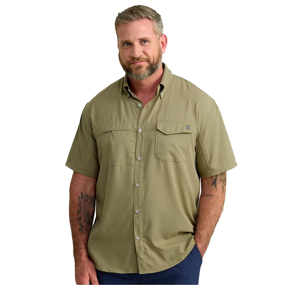 HUK Mens Tide Point Solid Short Sleeve Shirt, Button Down for Men, Overland Trek, Medium Image