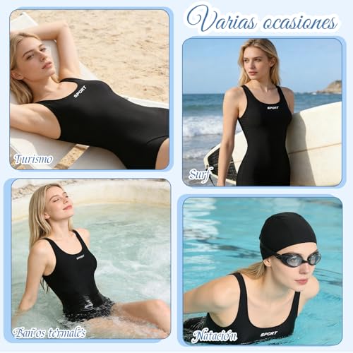 Traje de Baño para Mujer, Negro, Bañador Integrado, Trajes de Baño de Cuello Redondo, con Gorro de Natación, Gafas, Tapones para Oídos y Pinza para la Nariz, para Playa, Piscina, Surf, Natación