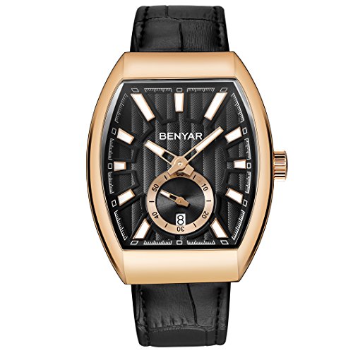BENYAR Watches Men Fashion Business Quartz Watch with Black Leather Classical Casual Wrist Watch for Men (Gold Black)
