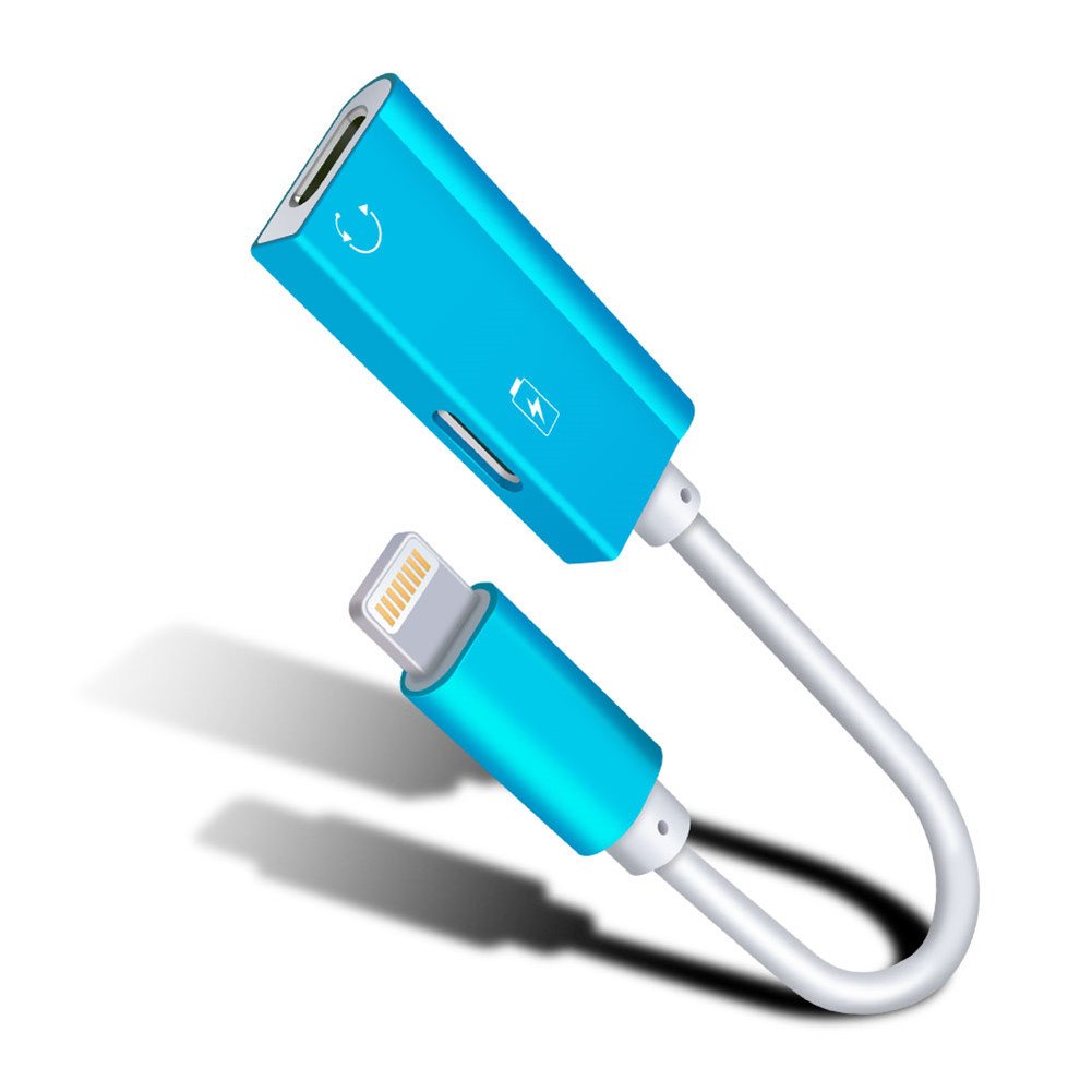 iPhone Dual Lightning Adapter Splitter - Power Trend 2 in 1 Earphone Adapter for iPhone X 7 8 Plus Headphone Jack Audio Music Calling Sync Charging Cable (Blue)