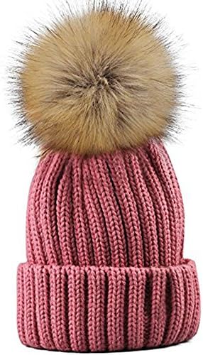 Yetagoo Kids/Adult Knitted Cozy Warm Winter Snowboarding Ski Hat With Faux Fur Pom Pom Slouchy Beanie Bobble Hat (Light Pink, Adult)