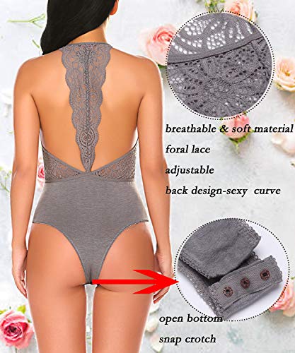 wearella Women Snap Crotch Lingerie Sexy Lace Bodysuit Thong One Piece Lace Baby Dolls Teddy Sleepwear Gray