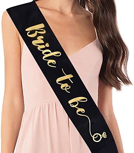 Bachelorette Party Satin Bride To Be Sash Gold Diamond Bridesmaid Wedding Bridal Shower Accessories (Black)