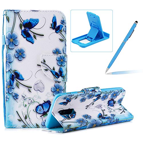 Herzzer Strap Leather Case for Galaxy A6 Plus 2018,Flip Portable Carrying Case for Galaxy A6 Plus 2018, Premium Stylish Blue Butterflies Printed Foldable Folio Pu Leather Stand Cover