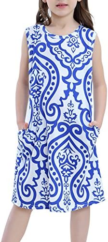 STKAT Girl's Summer Sleeveless Crew Neck Damask Print Pockets Loose Casual Tunic T-Shirt Dress
