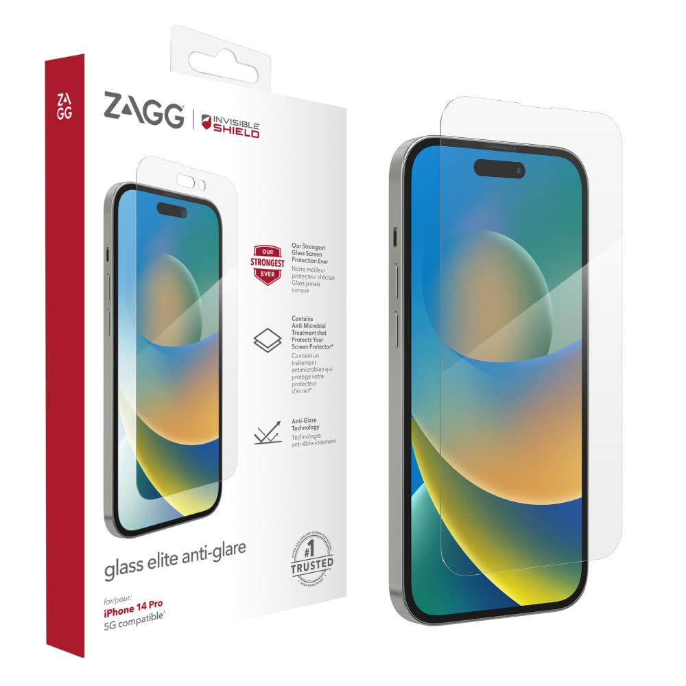 ZAGG InvisibleShield Glass Elite Screen Protector for iPhone 14 Pro, Anti-Glare, Shockproof, Smudgeproof, Scratch Resistant, Anti-Microbial, (Clear)