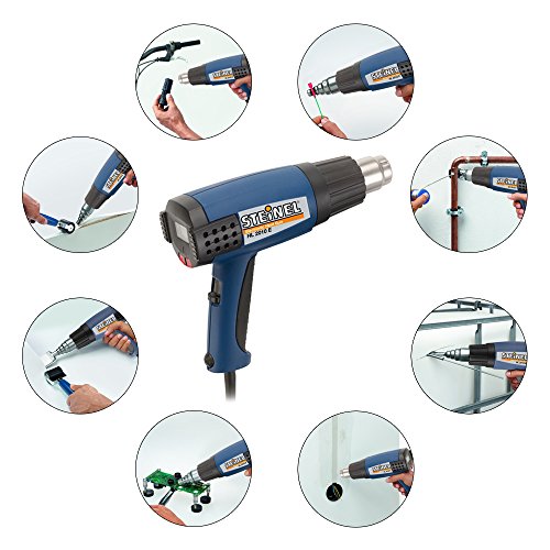 Steinel HL 2010 E Heat Gun - Multi-Purpose Kit, 1500 W power tool, ergonomically designed Heat Gun with LCD Display, 3 Stage Switch airflow and continuously variable temperature up to 1150°F, electrical heat tool set includes 3 reflector nozzles, reducer