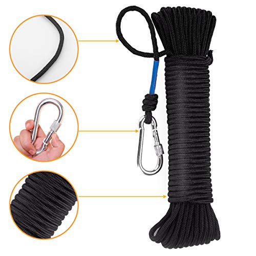 Wukong Fishing Magnet Rope w/Carabiner, 6MM x 20M(65ft) Nylon Twisted Braided Rope,550 Lbs Breaking Strength All-Purpose Braided Rope Sports, Pet Toys, Crafts & Indoor Outdoor Use