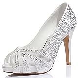 LUXVEER Satin Bridal Shoes with Silver Rhinestone Wedding Shoes Medium Heel 4 inch-Peep Toe