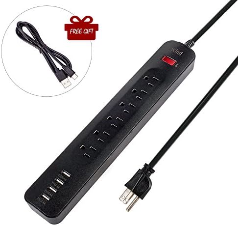 YCIND Power Strip Surge Protector 6ft Extension Cord with 4 USB Fast Charging Ports, 1250W/10A(Black) Come with 1 Lighting Micro USB Cable