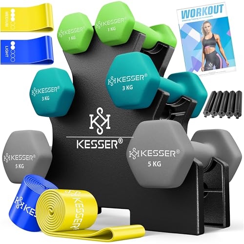 KESSER® Hantel-Set, 3 Paar, 1kg - 5kg, 12kg oder 18kg kurzhanteln mit Ständer Aufbewahrung, Fitnessstudio, Krafttraining, Hantelset rutschfeste Neopre