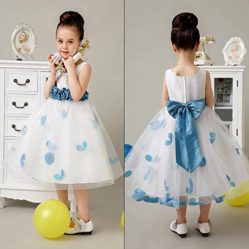 Girls Tutu Bow Dress Petals Princess Flower Dress with 3D Roses for Birthday Wedding Party (5, Blue)