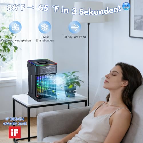 Mobile Air Conditioning, 4-in-1 Mobile Air Conditioning, Fan with Water Cooling, 1100 ml Water Tank, Air Conditioner with 3 Wind Speeds, 7 Colours, Light, 3 Spray Functions, 2-8H Timer for Bedroom
