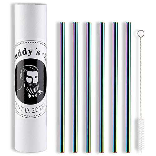 Buddy´s Bar - Reusable stainless steel straws, 6 metal straws in set + cleaning brush, size 21.5cm x 8mm, environmentally friendly, rainbow look