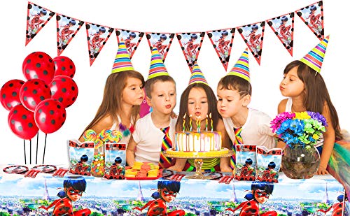 GROBRO7 123Pack Ladybug Themed Party Supplies Ladybug Birthday Decoration Tableware Kit Ladybug Banner Balloons Baby Shower Complete Decor Favor Ladybug Goodie Bags Plates Tablecloth for 20 Kids Adult