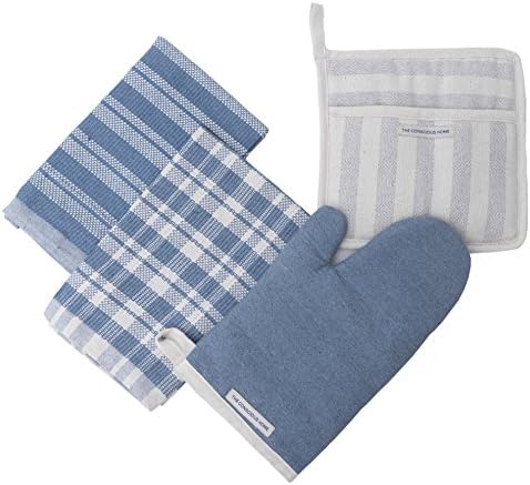 Oven Mitt Kitchen Towel Set | Blue | Designer Kitchen Towels, Upcycled Eco Cotton Oven Mitt & Pot Holder Set | Set of 4