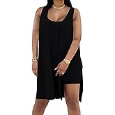 BeadChica Women's Plus Size 2 Piece Outfits Sleeveless Tunic Tops and Bodycon Shorts Tracksuit Sets-Black-M
