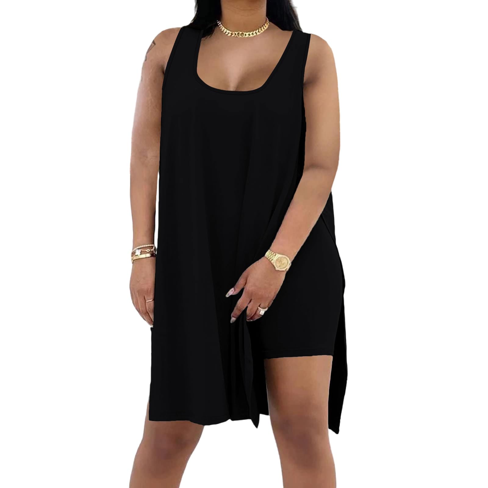 Photo 1 of BeadChica Women's Plus Size 2 Piece Outfits Sleeveless Tunic Tops and Bodycon Shorts Tracksuit Sets-Black-XXL