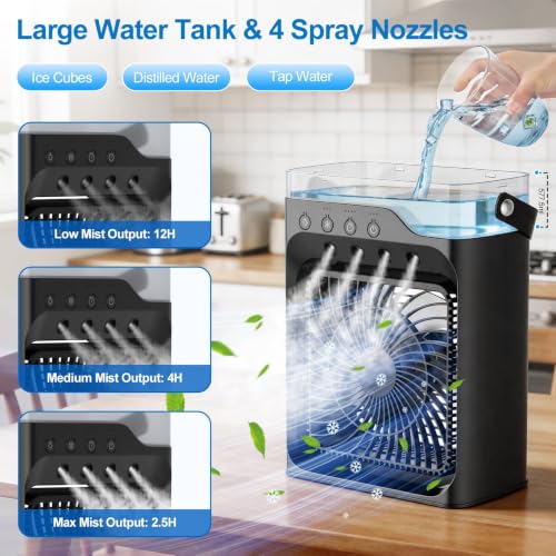 Portable air Conditioners, Personal Cooling Fan with 120° Oscillation, 3 Wind Speed & 4 Sprays, 2/4/6/8H Timer, Multi-Color Light, 3 in 1 Personal Small Mini Air Conditioner Air Cooler for Room