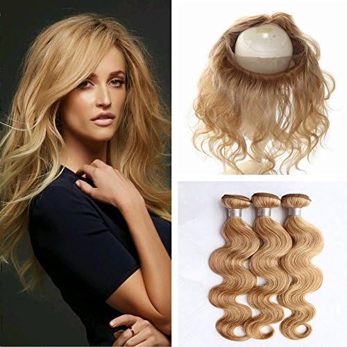 Ruma Hair Honey Blonde 360 Lace Frontal Closure With Bundles 4Pcs Lot #27 Light Brown Body Wave Human Virgin Hair Weaves With Pre Plucked 360 Full Lace Band Frontals (16+16 18 20)