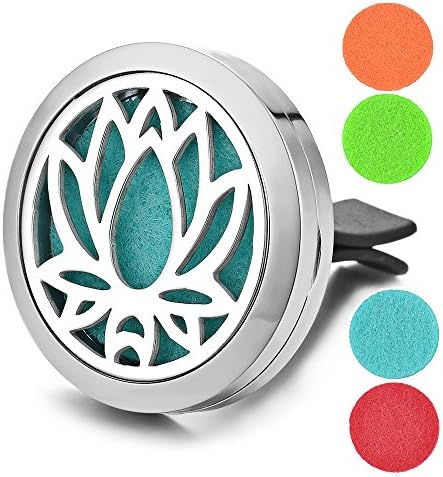 Garden Charms 316L Stainless Steel 30mm Car Vent Clip Air Freshener Aromatherapy Essential Oil Diffuser Locket with 5 Pieces Washable Felt Pads Lotus Pattern (GCVA304)