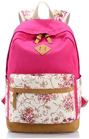 Canvas Backpack Floral for Girls&amp;Women Casual BookBag Laptop Bag Travel Bag (Hot Pink)