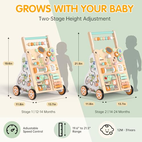 Weilim Wooden Baby Walker, 10-in-1 Montessori Push Walker for Toddlers 1+ | Activity Center with Xylophone, Shape Sorter, Gears | Adjustable Speed & Height | Natural Wood Learning Walking Toy