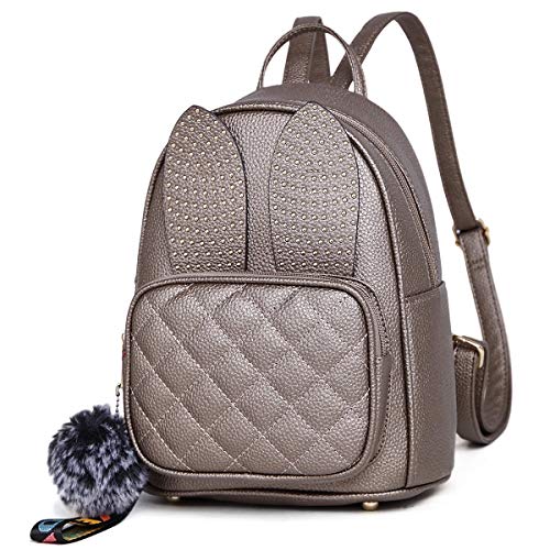 Girls Rabbit Ear Cute Mini Leather Backpack, XB Small Backpack Purse for Women Fashion Shoulder Bag (Pewter)